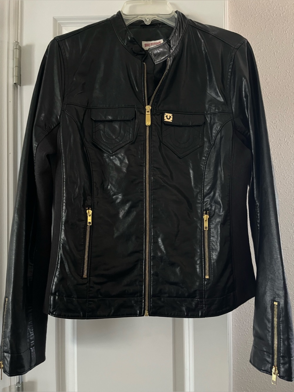 True Religion Black Leather Jacket with Gold Accents